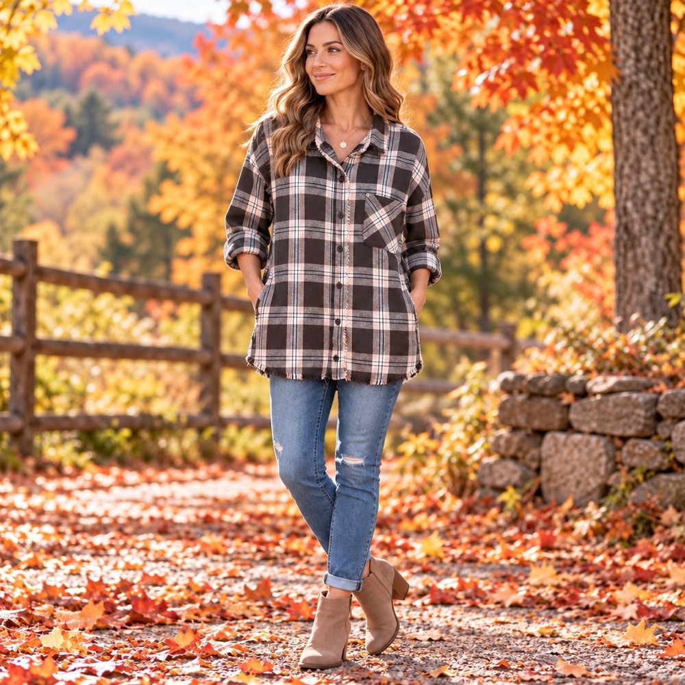 NEW Womens Oversized Large Plaid Shacket Brown Pink Lightweight Pockets Very J